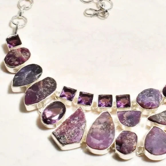 Beautiful Rough Amethyst + Polished Amethyst statement cluster necklace
